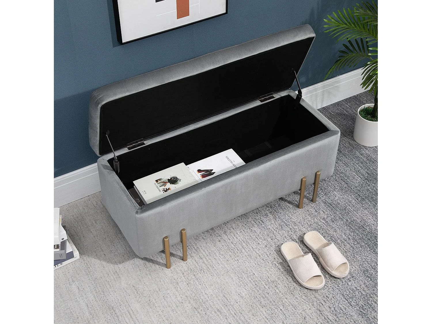 HOMCOM Grand pouf coffre de rangement design contemporain- banc avec espace de rangement - dim. 100L x 40l x 42H cm - velours gris clair piètement métal doré