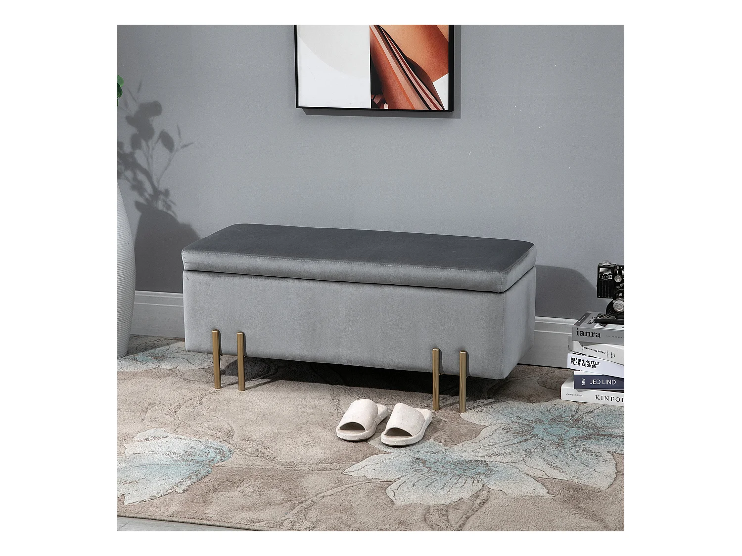 HOMCOM Grand pouf coffre de rangement design contemporain- banc avec espace de rangement - dim. 100L x 40l x 42H cm - velours gris clair piètement métal doré
