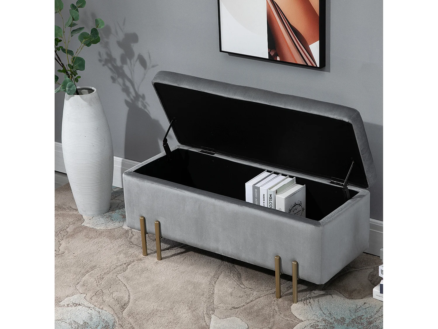 HOMCOM Grand pouf coffre de rangement design contemporain- banc avec espace de rangement - dim. 100L x 40l x 42H cm - velours gris clair piètement métal doré