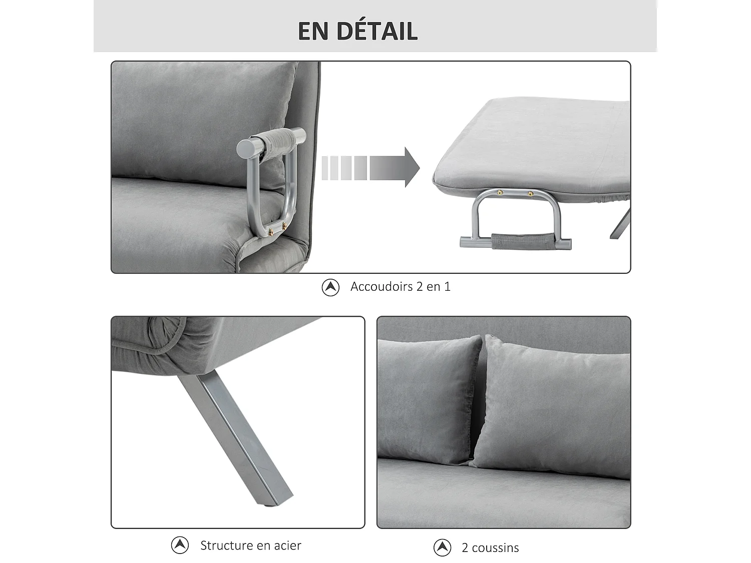 Canapé-lit canapé convertible 2 places déhoussable grand confort 2 coussins fournis pieds accoudoirs métal suède gris clair