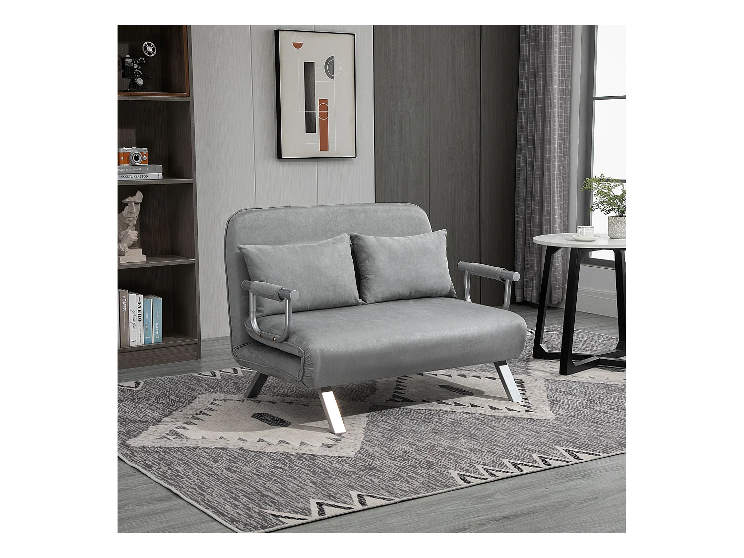 Canapé-lit canapé convertible 2 places déhoussable grand confort 2 coussins fournis pieds accoudoirs métal suède gris clair