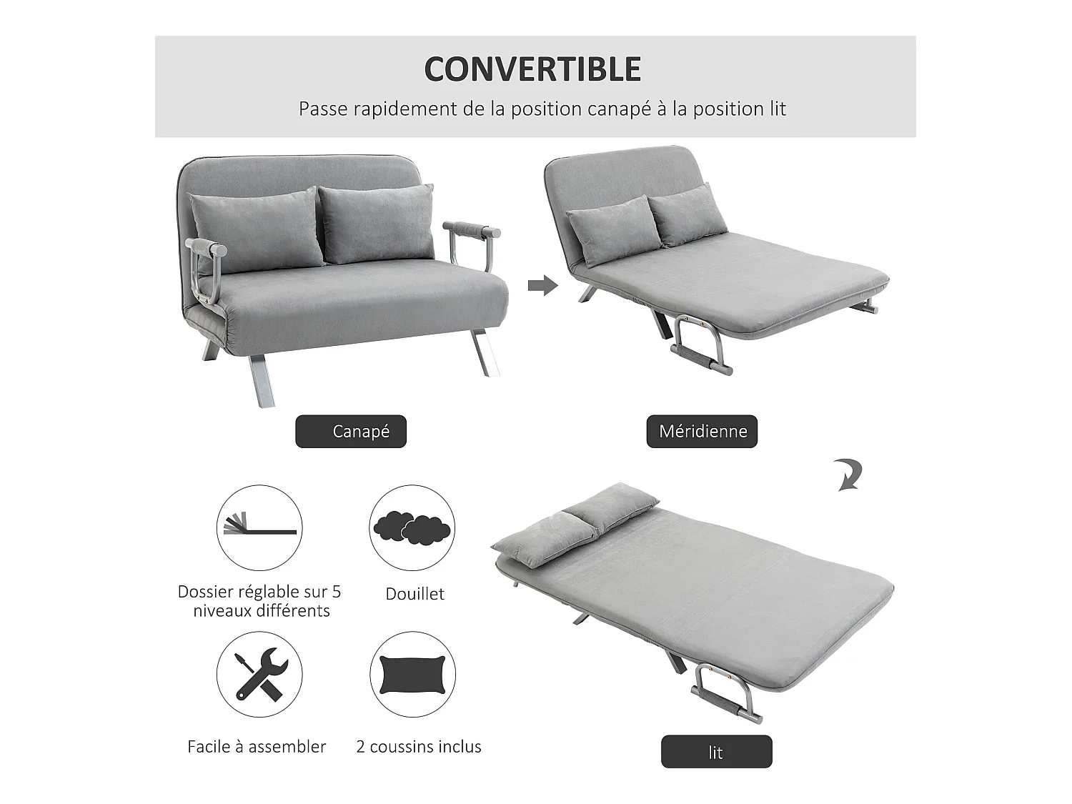 Canapé-lit canapé convertible 2 places déhoussable grand confort 2 coussins fournis pieds accoudoirs métal suède gris clair