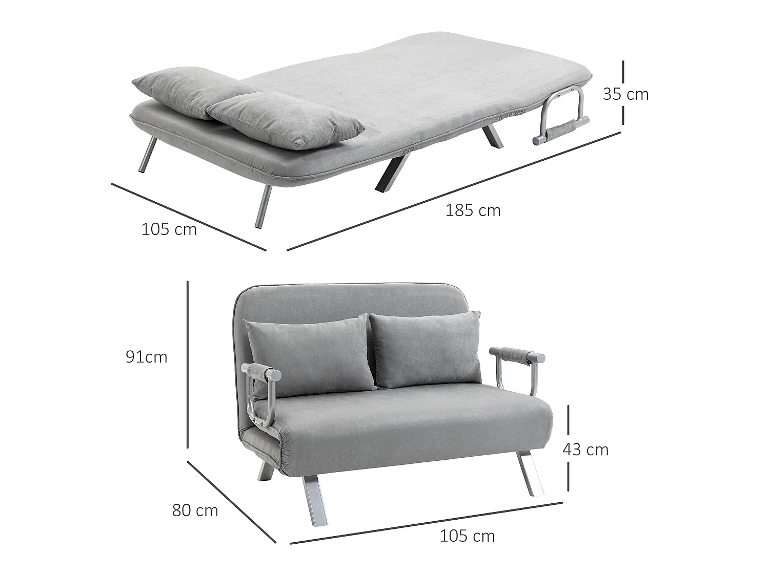 Canapé-lit canapé convertible 2 places déhoussable grand confort 2 coussins fournis pieds accoudoirs métal suède gris clair