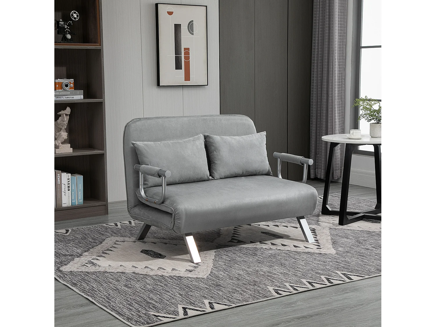Canapé-lit canapé convertible 2 places déhoussable grand confort 2 coussins fournis pieds accoudoirs métal suède gris clair