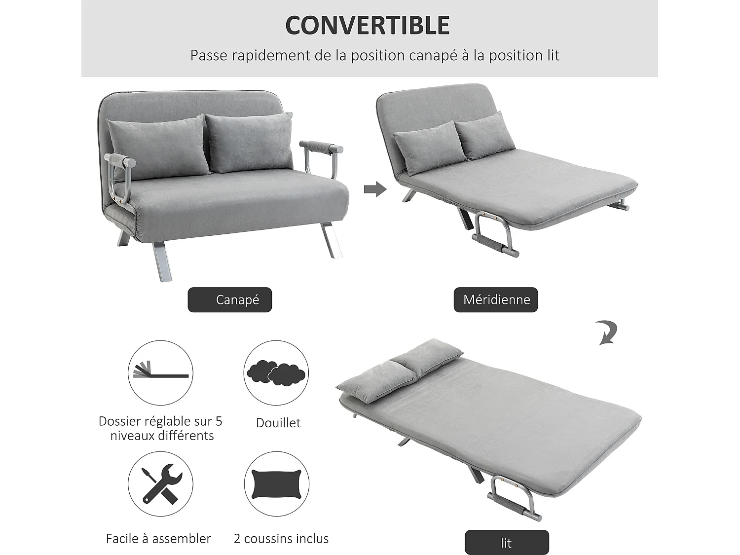Canapé-lit canapé convertible 2 places déhoussable grand confort 2 coussins fournis pieds accoudoirs métal suède gris clair