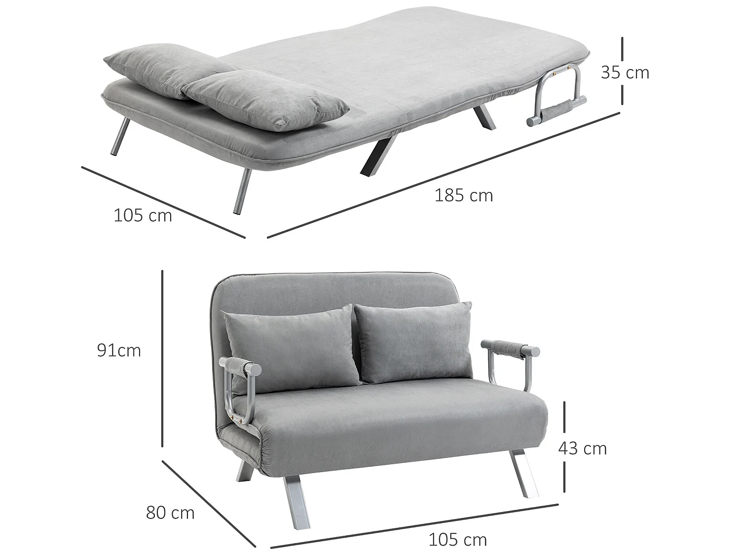 Canapé-lit canapé convertible 2 places déhoussable grand confort 2 coussins fournis pieds accoudoirs métal suède gris clair