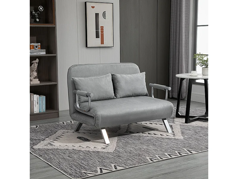 Canapé-lit canapé convertible 2 places déhoussable grand confort 2 coussins fournis pieds accoudoirs métal suède gris clair