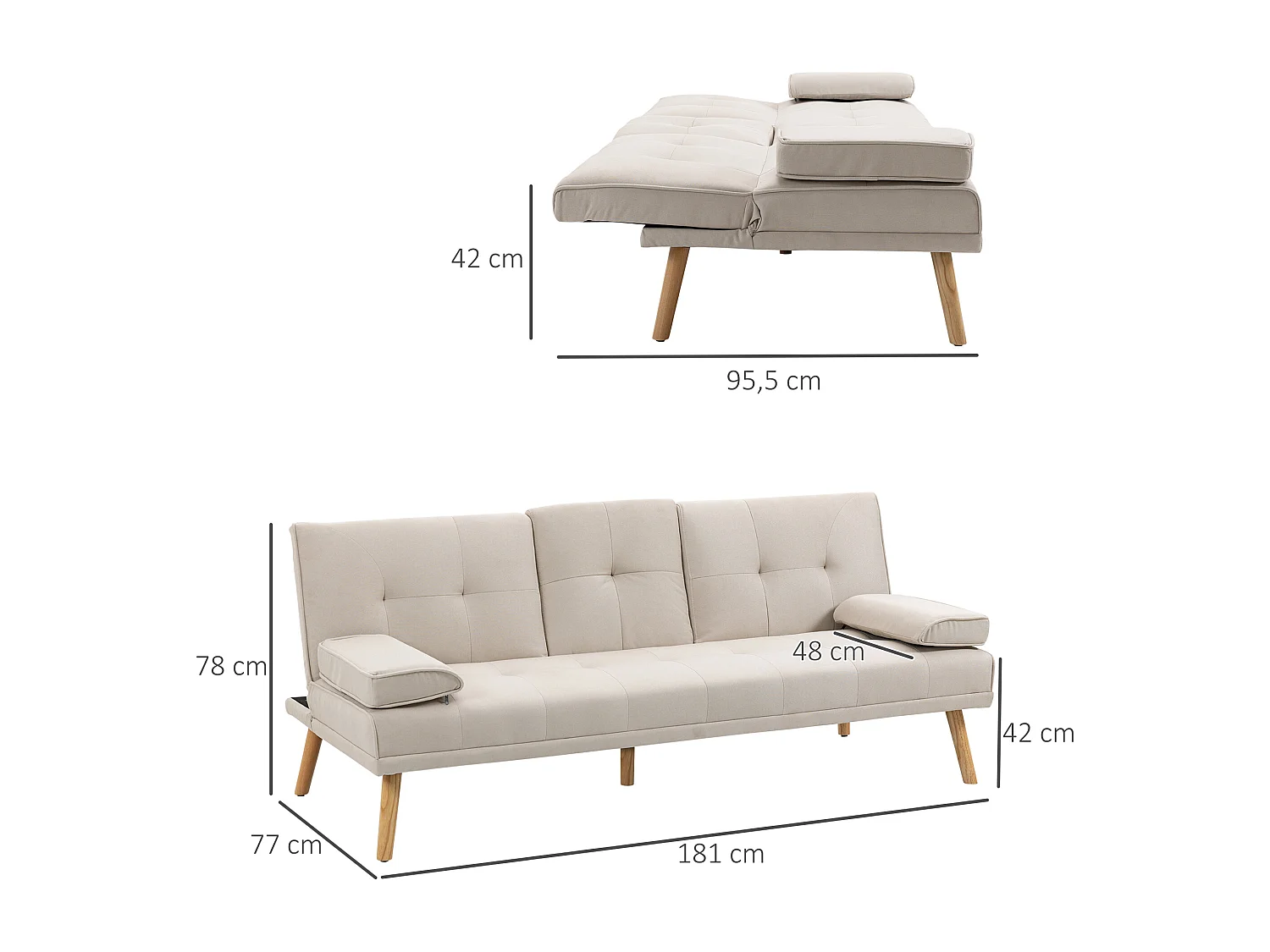 Canapé convertible 3 places design scandinave inclinaison dossier réglable 3 niveaux dossier central rabattable 2 porte-verres bois massif lin beige