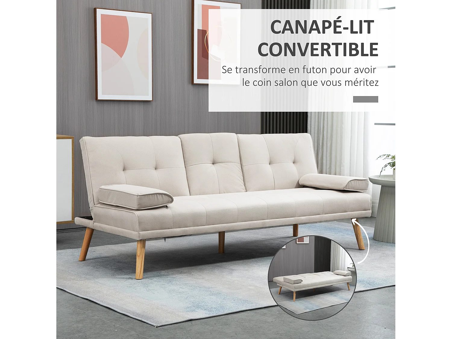 Canapé convertible 3 places design scandinave inclinaison dossier réglable 3 niveaux dossier central rabattable 2 porte-verres bois massif lin beige