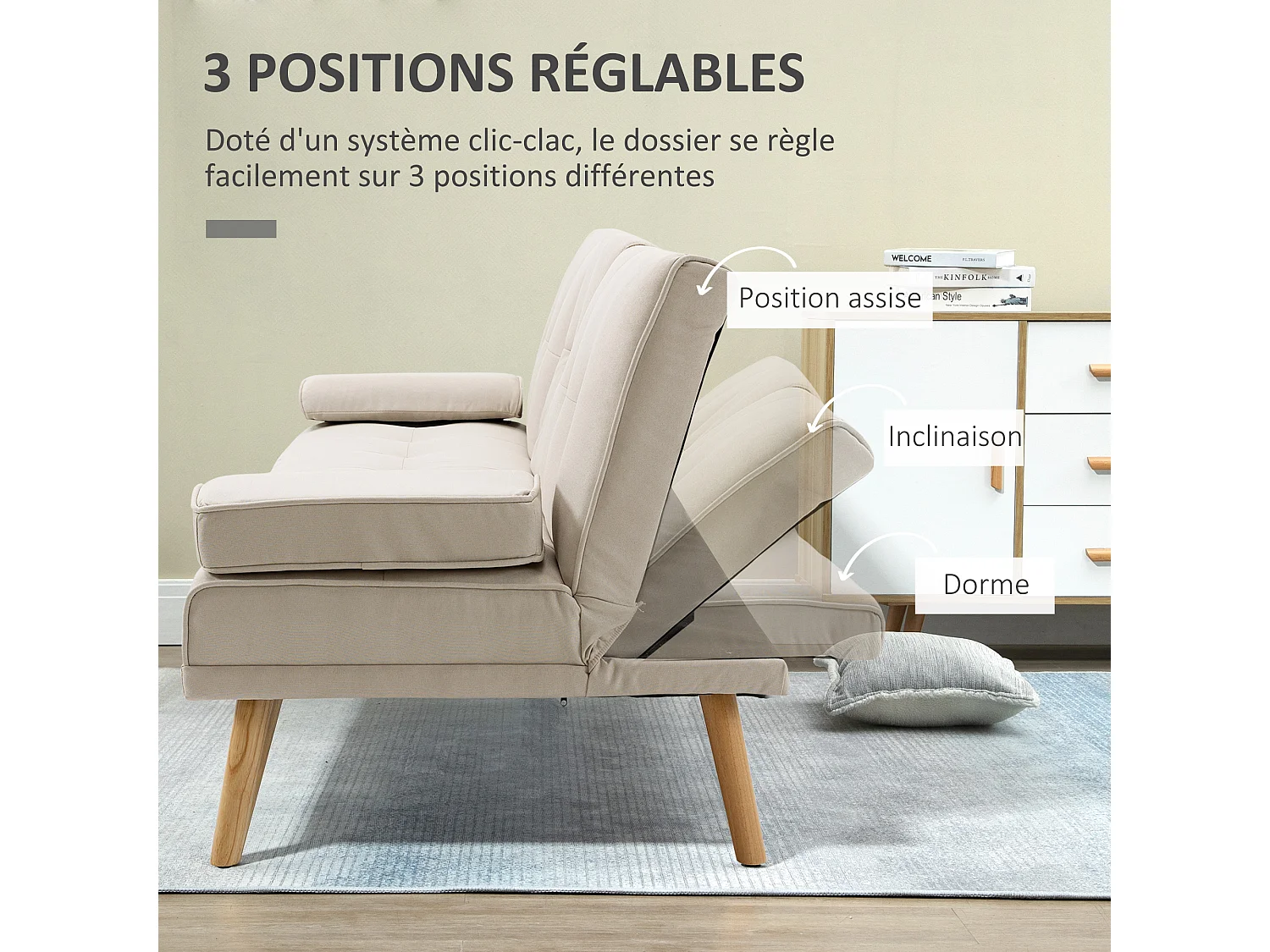 Canapé convertible 3 places design scandinave inclinaison dossier réglable 3 niveaux dossier central rabattable 2 porte-verres bois massif lin beige