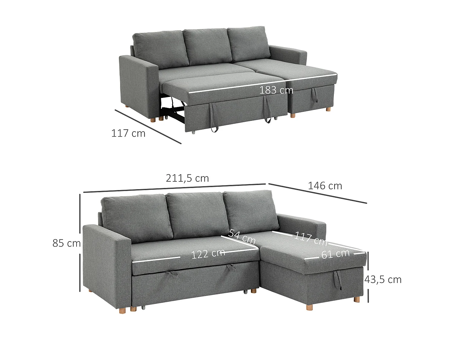 Canapé d'angle 3 places convertible réversible - coffre intégré - garnissage mousse haute densité - tissu gris