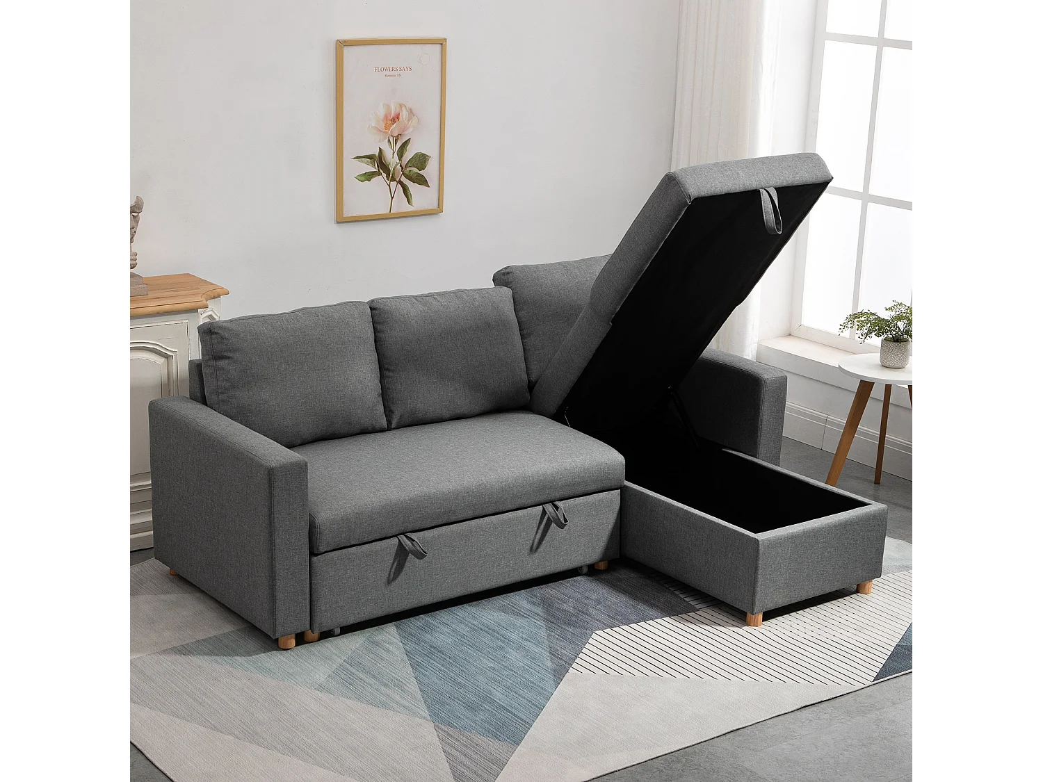 Canapé d'angle 3 places convertible réversible - coffre intégré - garnissage mousse haute densité - tissu gris