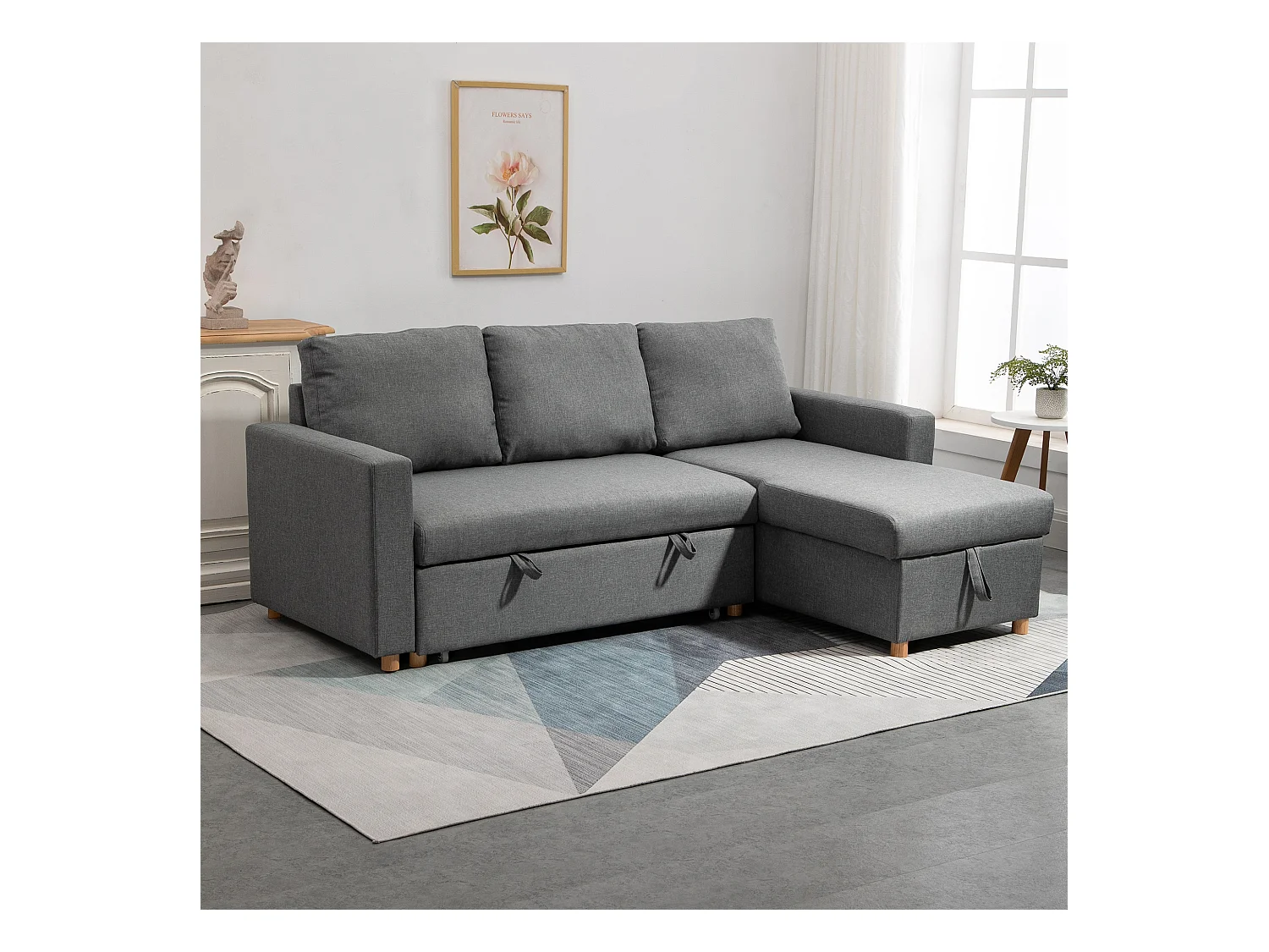 Canapé d'angle 3 places convertible réversible - coffre intégré - garnissage mousse haute densité - tissu gris