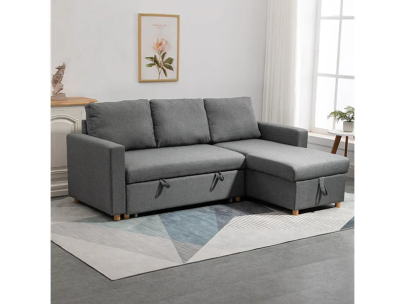 Canapé d'angle 3 places convertible réversible - coffre intégré - garnissage mousse haute densité - tissu gris