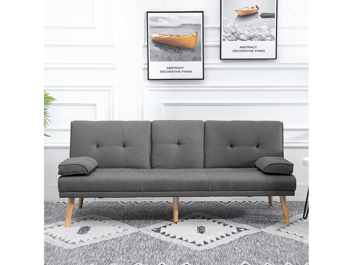 Canapé convertible 3 places design scandinave inclinaison dossier réglable 3 niveaux dossier central rabattable 2 porte-verres bois massif lin gris foncé