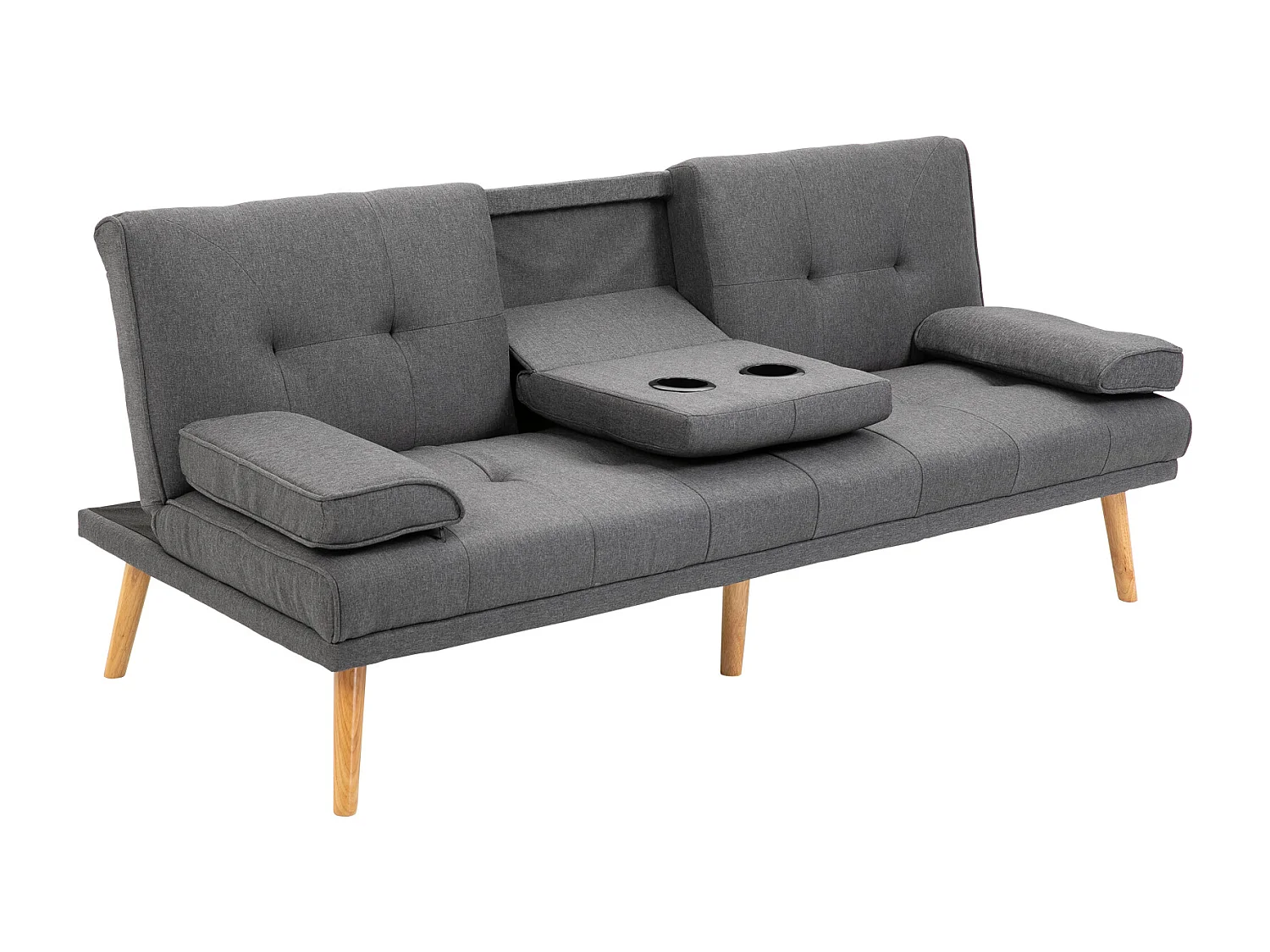 Canapé convertible 3 places design scandinave inclinaison dossier réglable 3 niveaux dossier central rabattable 2 porte-verres bois massif lin gris foncé