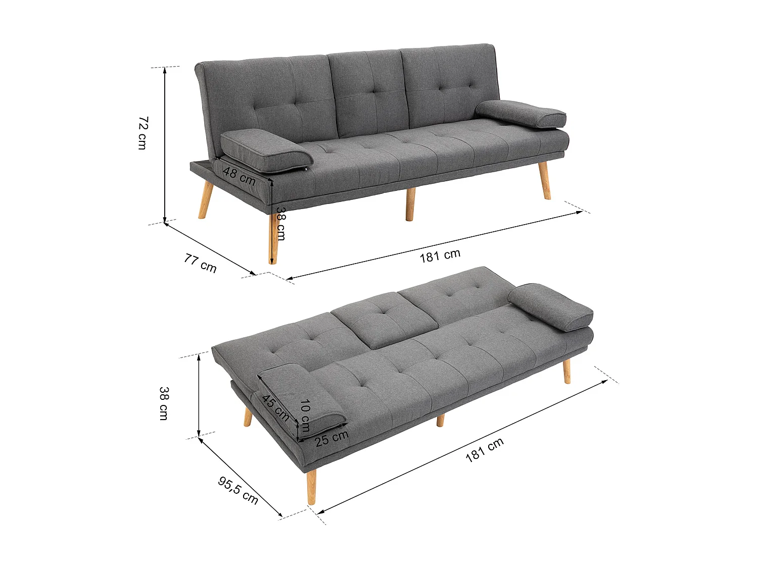 Canapé convertible 3 places design scandinave inclinaison dossier réglable 3 niveaux dossier central rabattable 2 porte-verres bois massif lin gris foncé