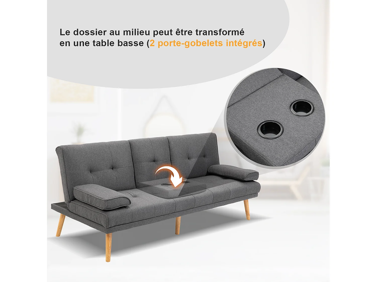 Canapé convertible 3 places design scandinave inclinaison dossier réglable 3 niveaux dossier central rabattable 2 porte-verres bois massif lin gris foncé
