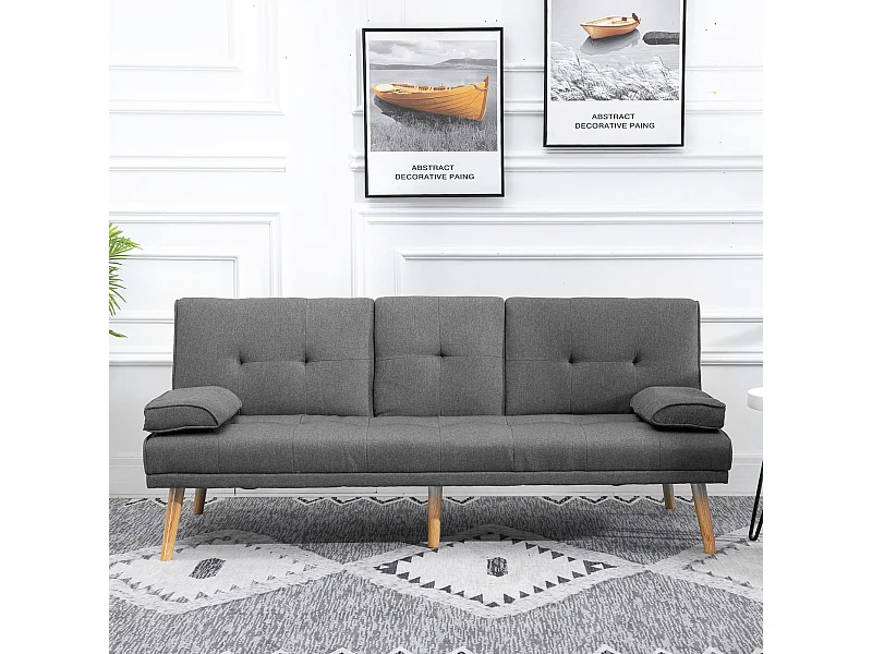 Canapé convertible 3 places design scandinave inclinaison dossier réglable 3 niveaux dossier central rabattable 2 porte-verres bois massif lin gris foncé