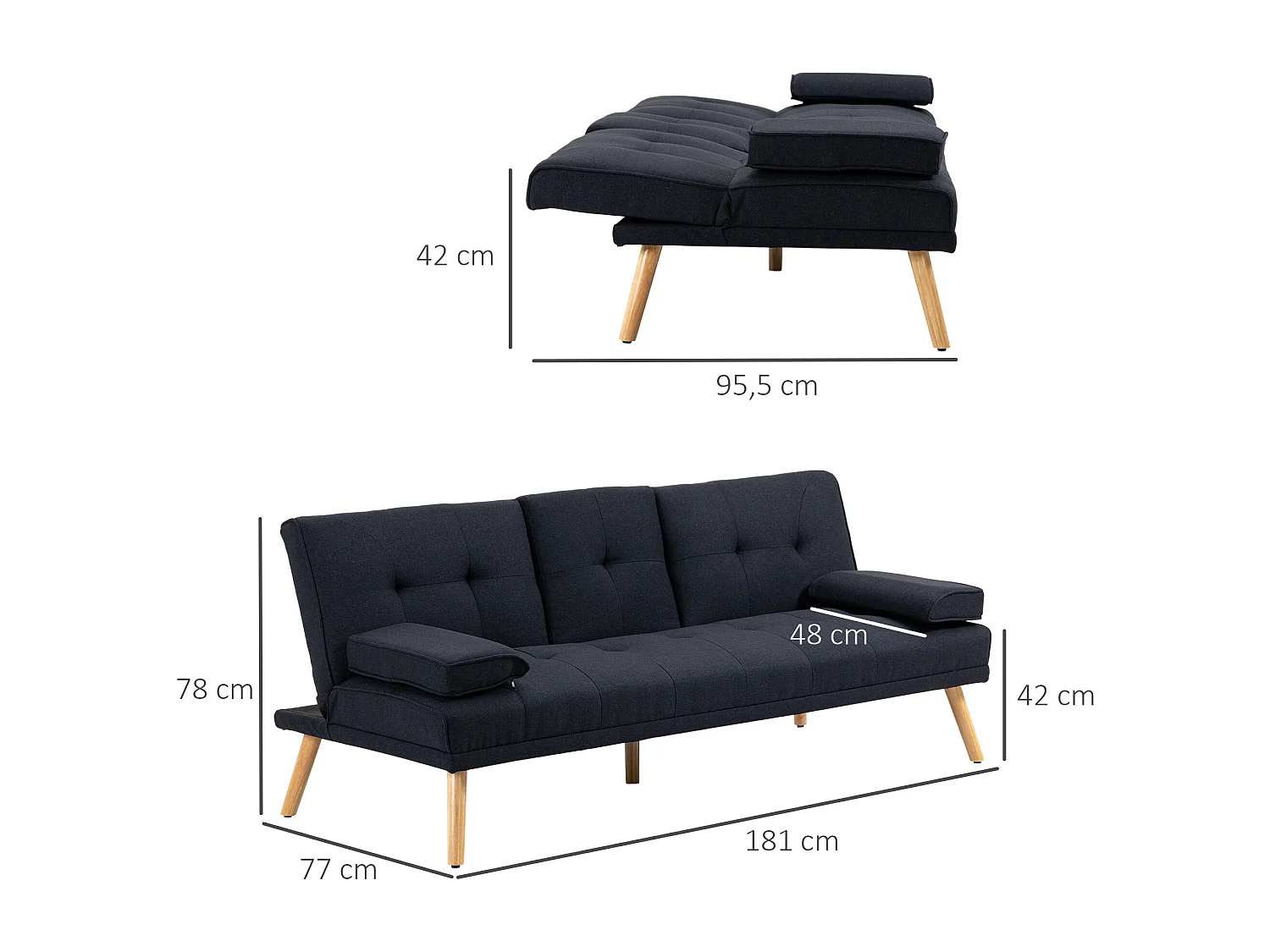 Canapé convertible 3 places design scandinave inclinaison dossier réglable 3 niveaux dossier centrale rabattable 2 porte-verres bois peuplier polyester anthracite
