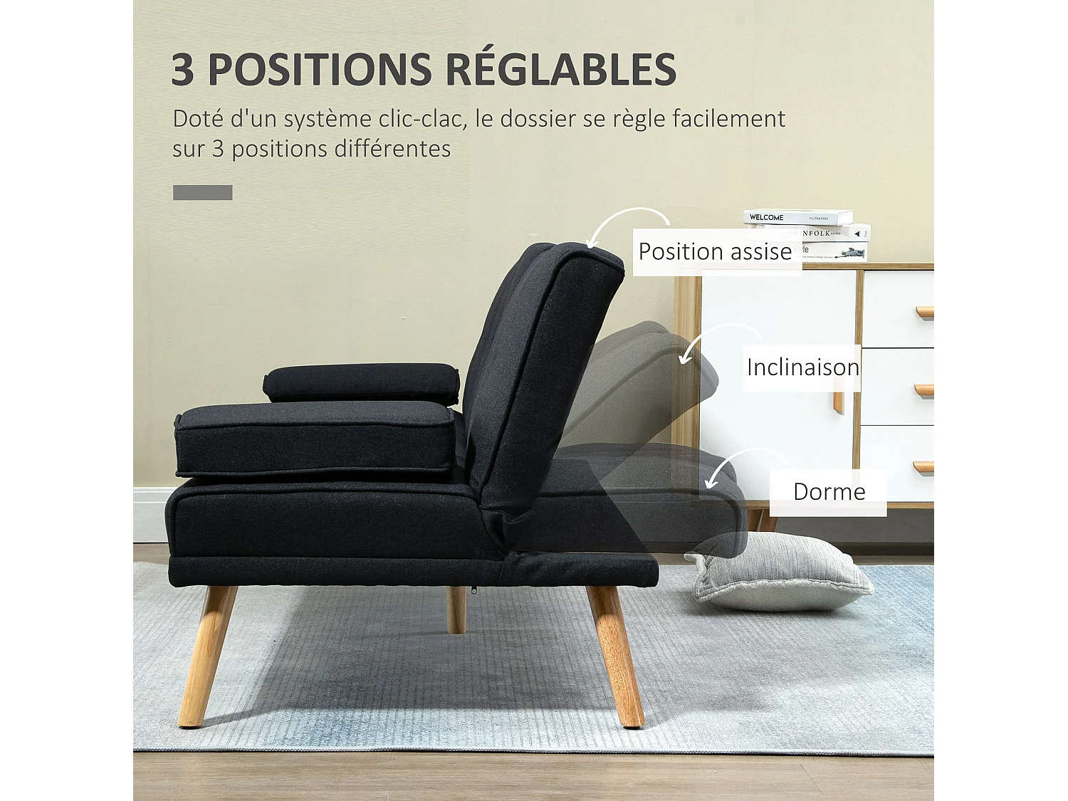 Canapé convertible 3 places design scandinave inclinaison dossier réglable 3 niveaux dossier centrale rabattable 2 porte-verres bois peuplier polyester anthracite