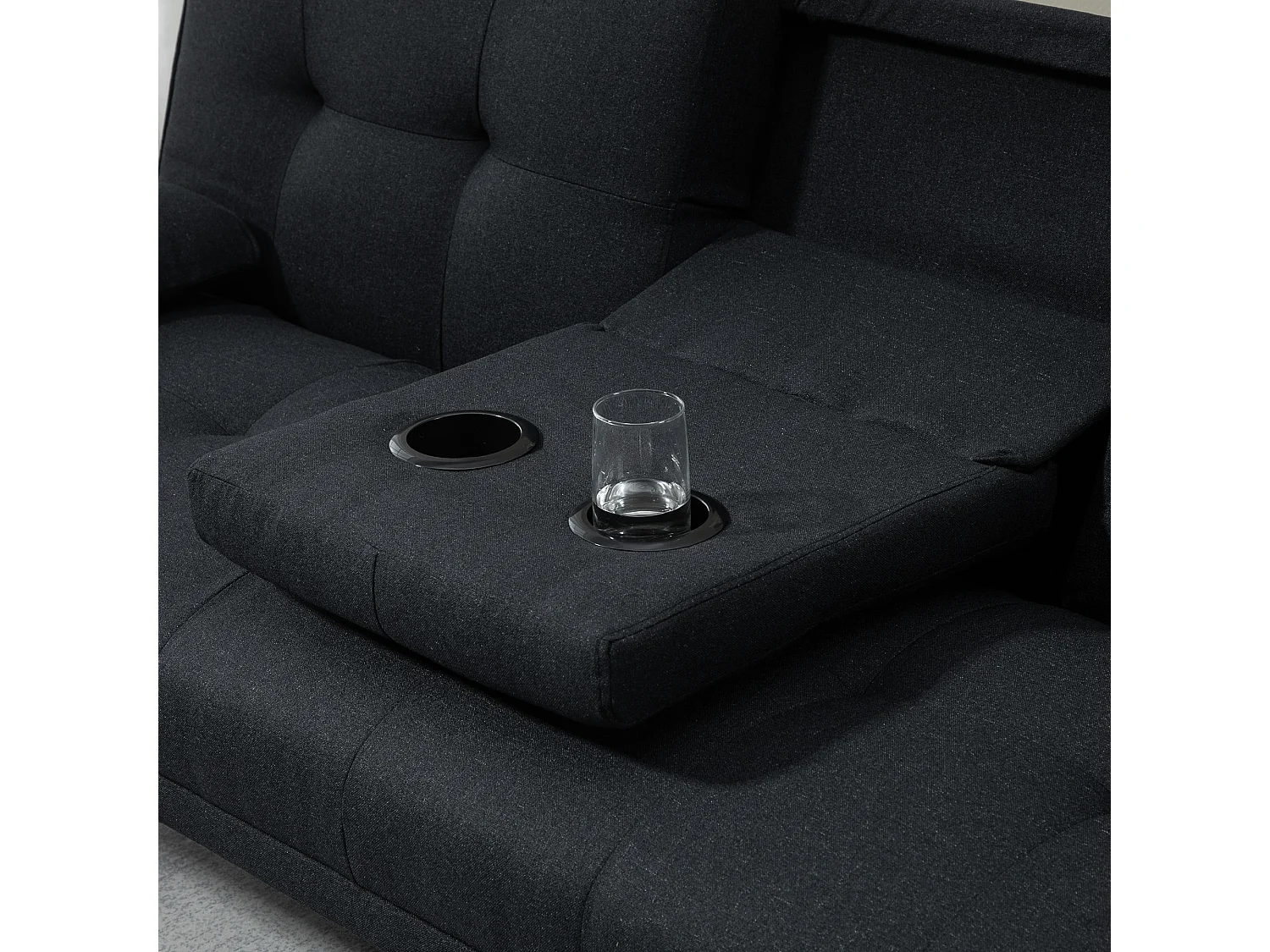 Canapé convertible 3 places design scandinave inclinaison dossier réglable 3 niveaux dossier centrale rabattable 2 porte-verres bois peuplier polyester anthracite