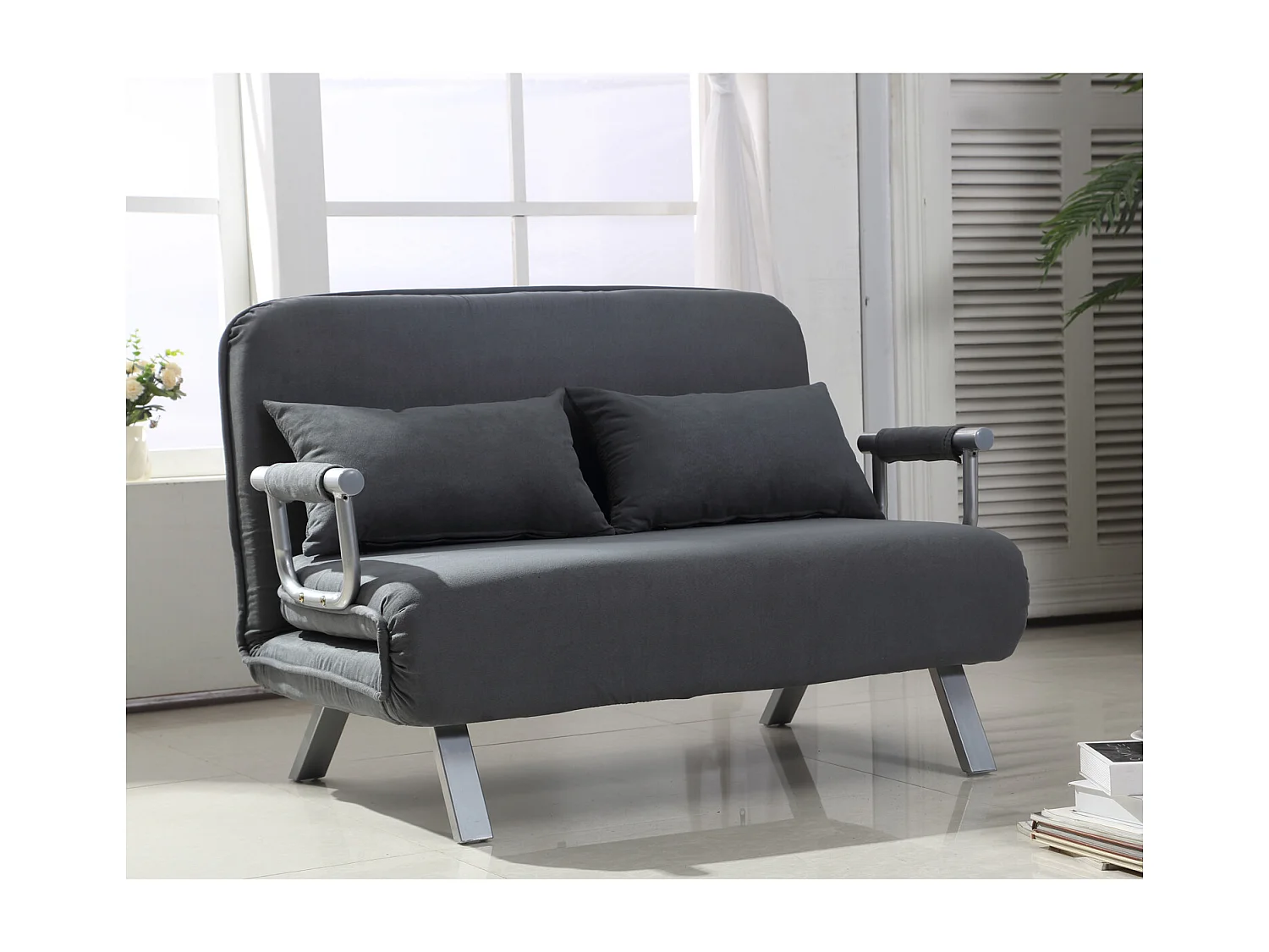 Canapé-lit canapé convertible 2 places déhoussable grand confort 2 coussins fournis pieds accoudoirs métal suède anthracite
