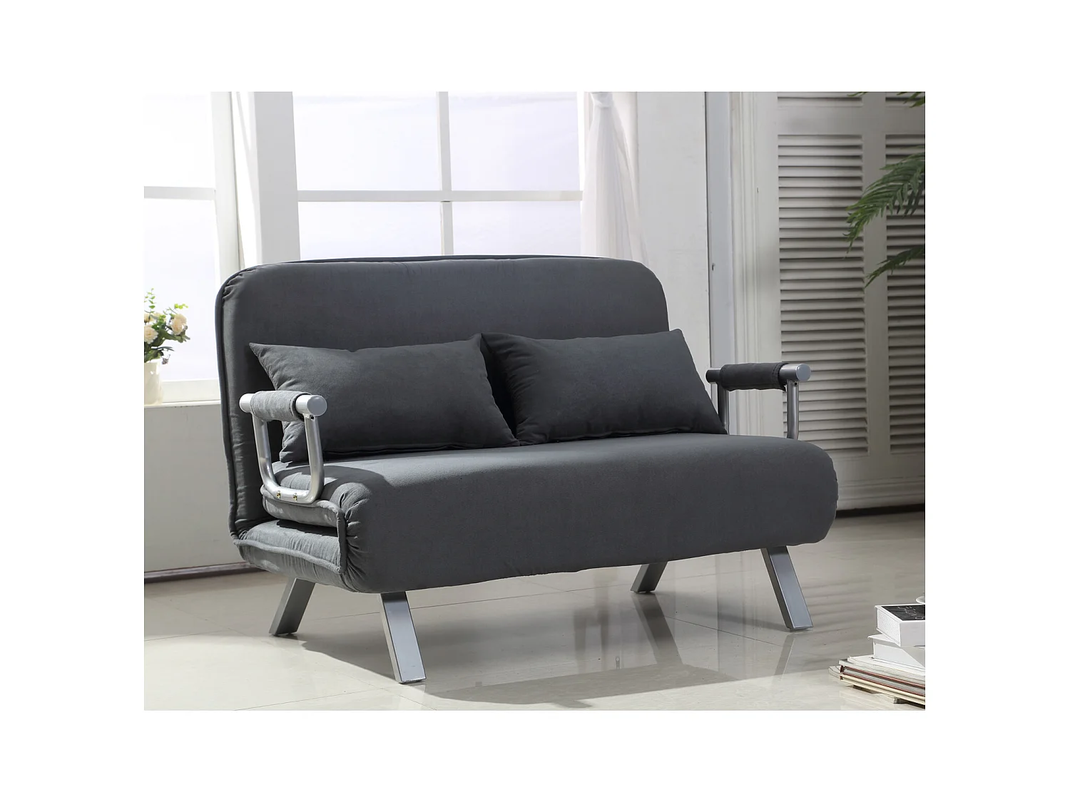 Canapé-lit canapé convertible 2 places déhoussable grand confort 2 coussins fournis pieds accoudoirs métal suède anthracite