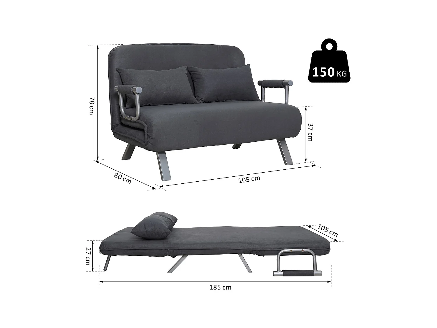 Canapé-lit canapé convertible 2 places déhoussable grand confort 2 coussins fournis pieds accoudoirs métal suède anthracite