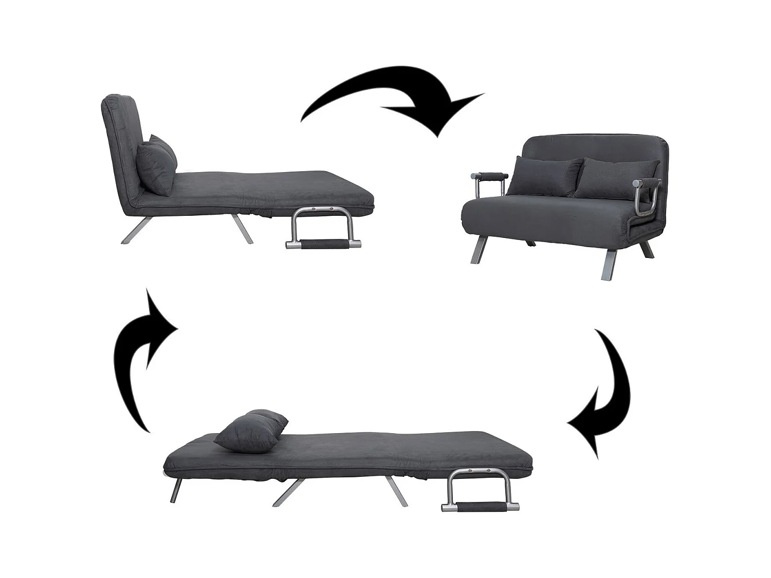 Canapé-lit canapé convertible 2 places déhoussable grand confort 2 coussins fournis pieds accoudoirs métal suède anthracite