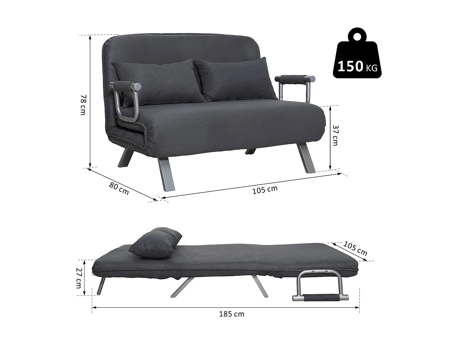 Canapé-lit canapé convertible 2 places déhoussable grand confort 2 coussins fournis pieds accoudoirs métal suède anthracite