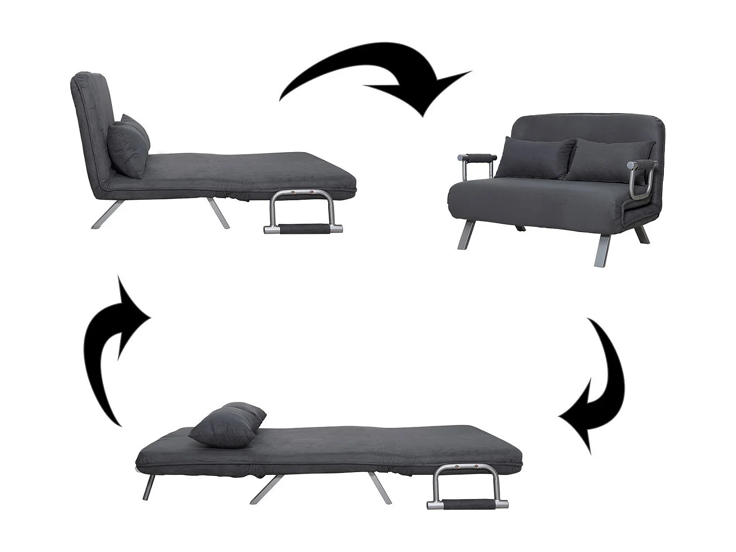 Canapé-lit canapé convertible 2 places déhoussable grand confort 2 coussins fournis pieds accoudoirs métal suède anthracite