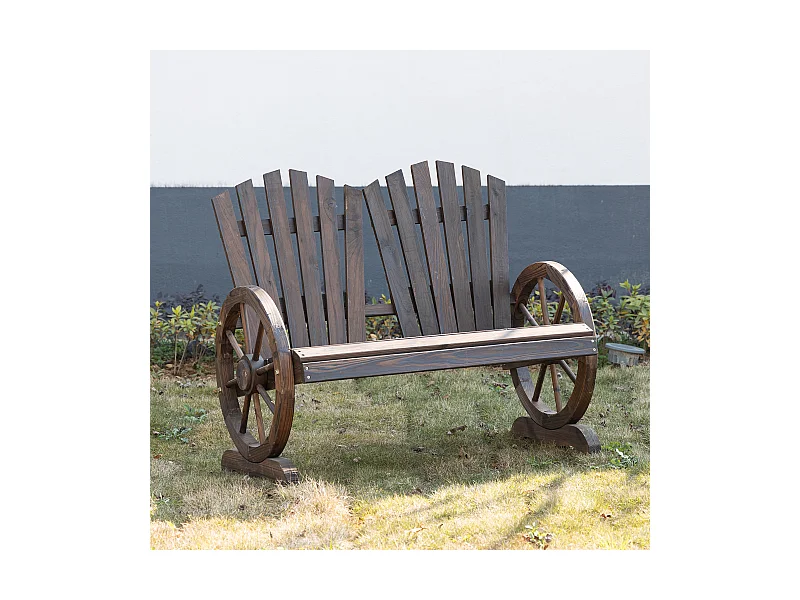 Banc de jardin 2 places Adirondack style rustique chic accoudoirs roues charette bois sapin traité carbonisation