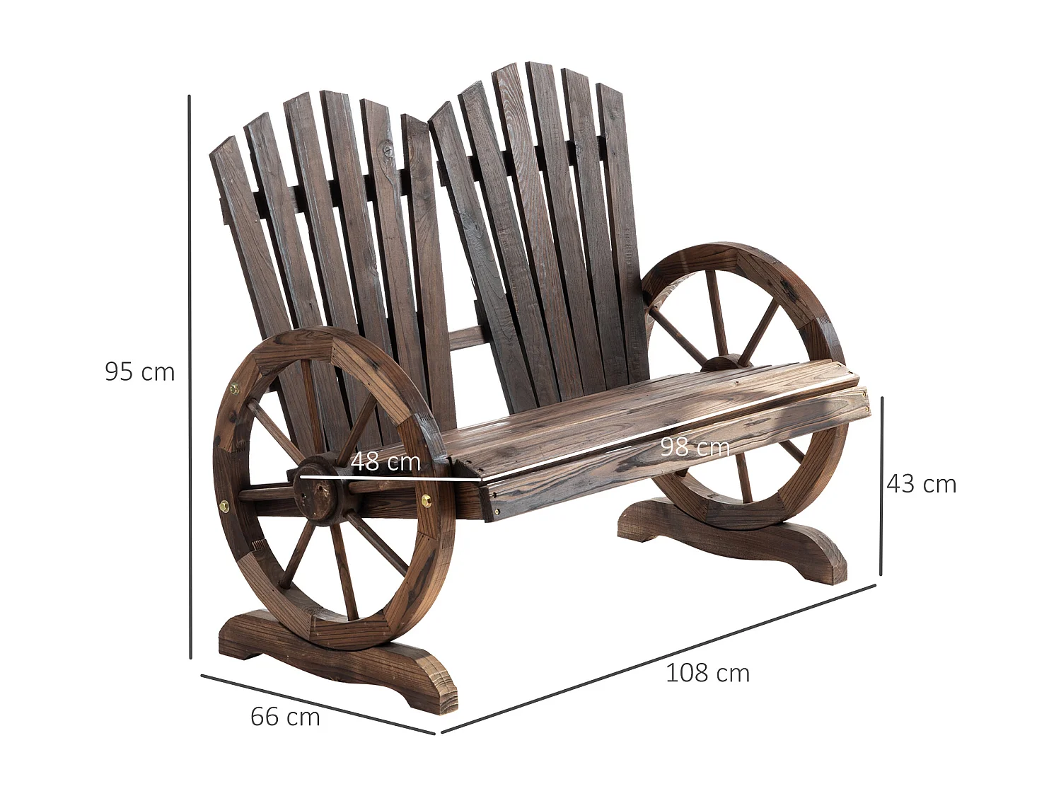 Banc de jardin 2 places Adirondack style rustique chic accoudoirs roues charette bois sapin traité carbonisation