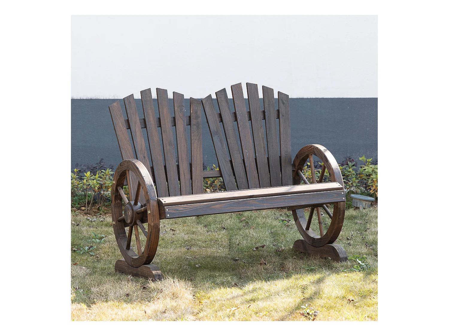 Banc de jardin 2 places Adirondack style rustique chic accoudoirs roues charette bois sapin traité carbonisation