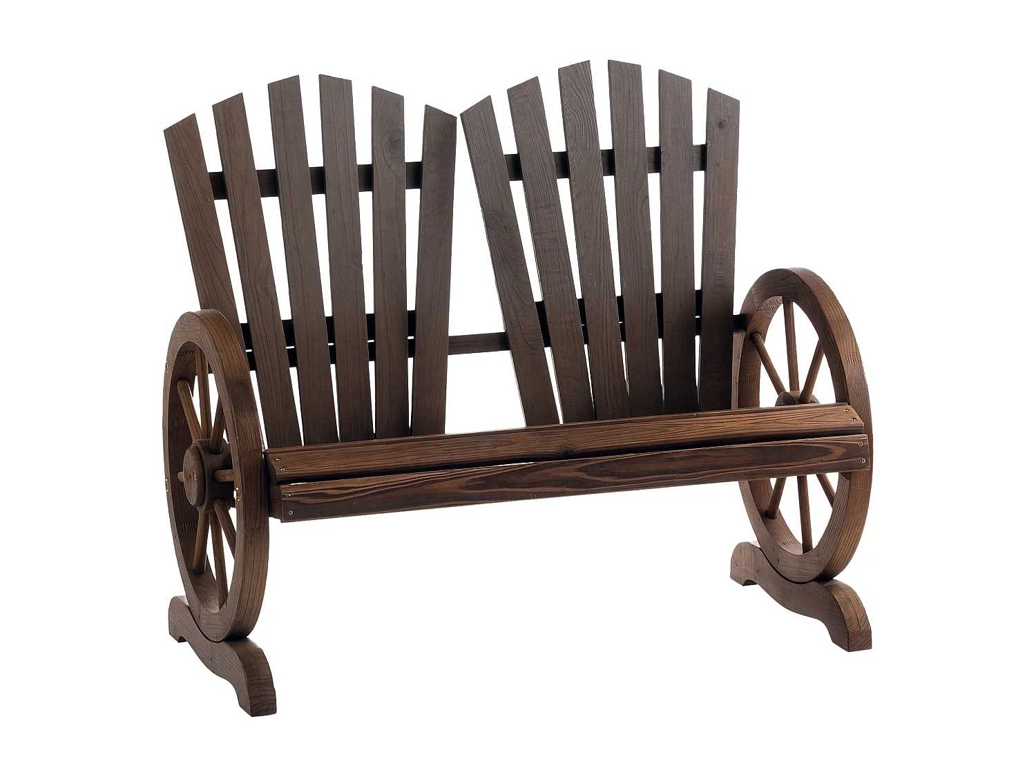 Banc de jardin 2 places Adirondack style rustique chic accoudoirs roues charette bois sapin traité carbonisation