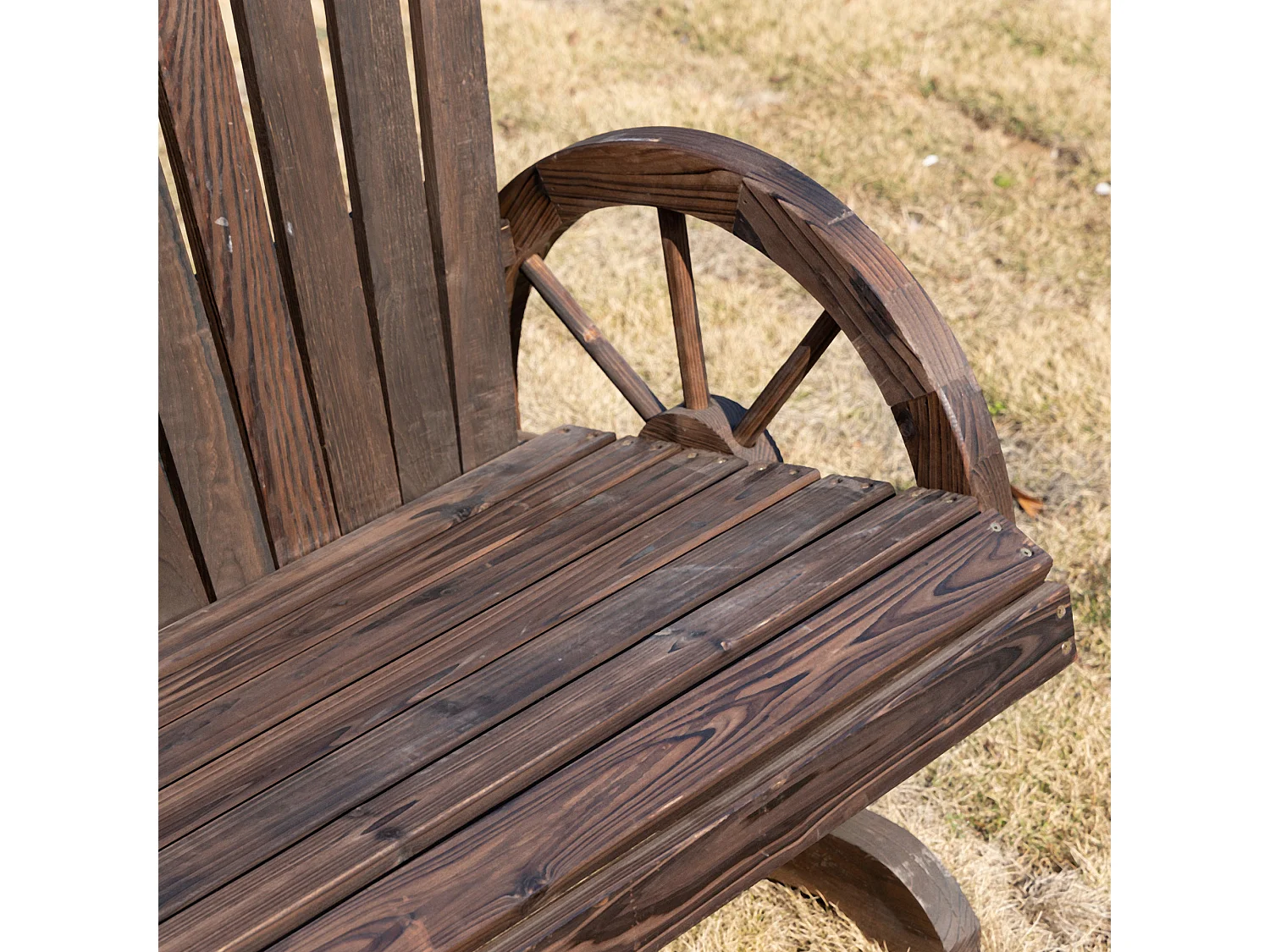 Banc de jardin 2 places Adirondack style rustique chic accoudoirs roues charette bois sapin traité carbonisation