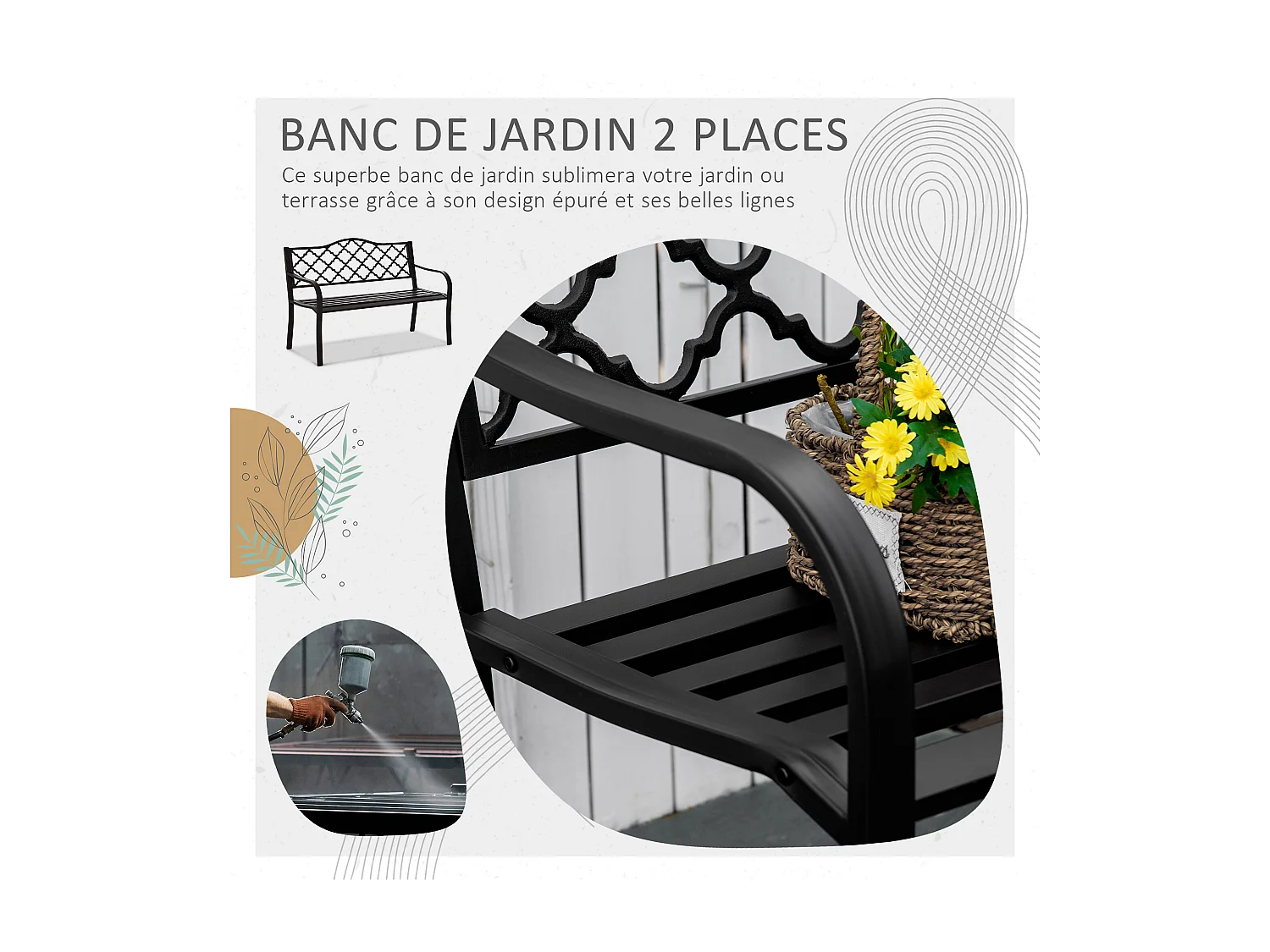 Banc 3 places de jardin terrasse style rural chic 128L x 60l x 89H cm métal époxy anticorrosion fonte brun