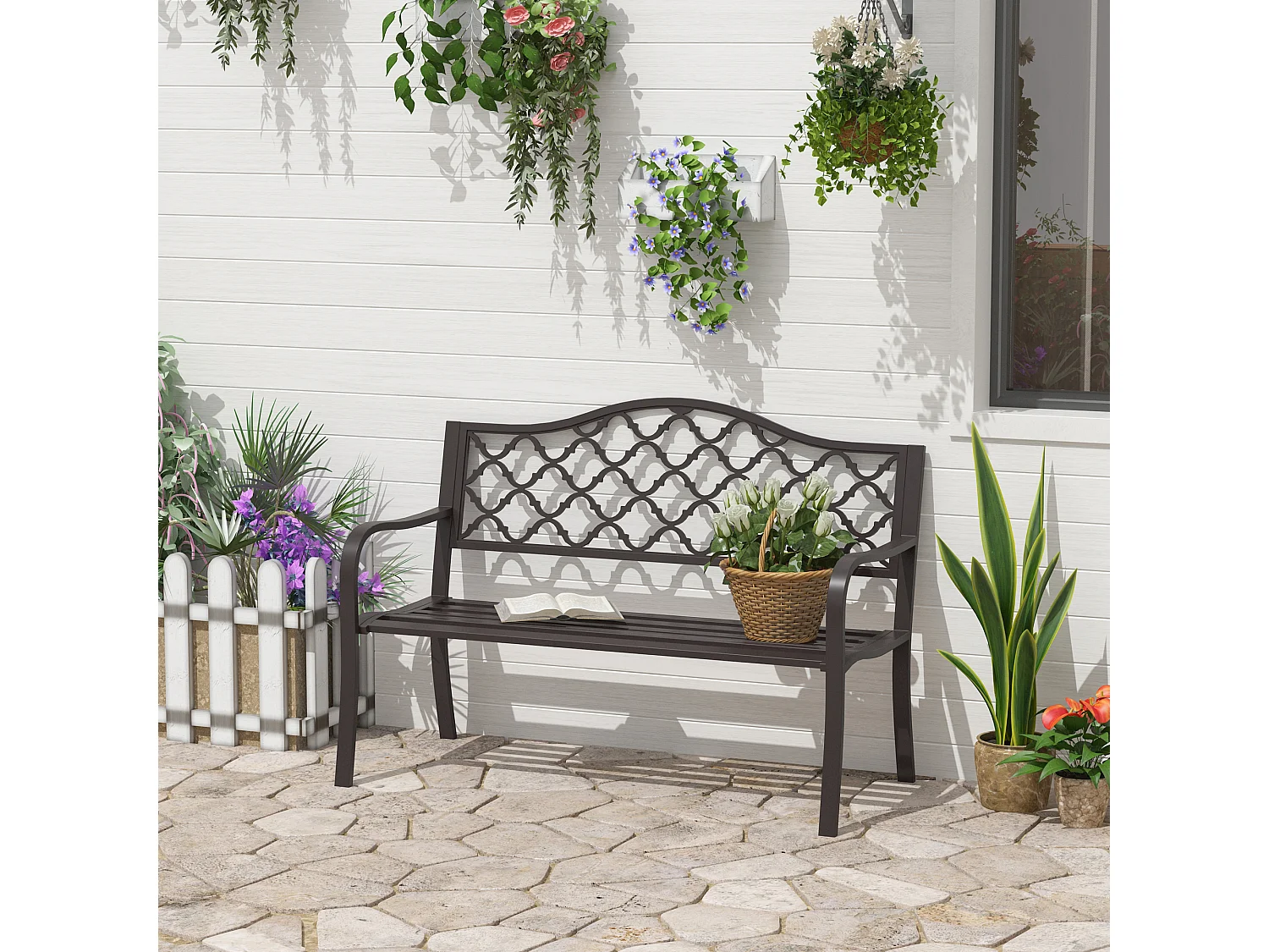 Banc 3 places de jardin terrasse style rural chic 128L x 60l x 89H cm métal époxy anticorrosion fonte brun