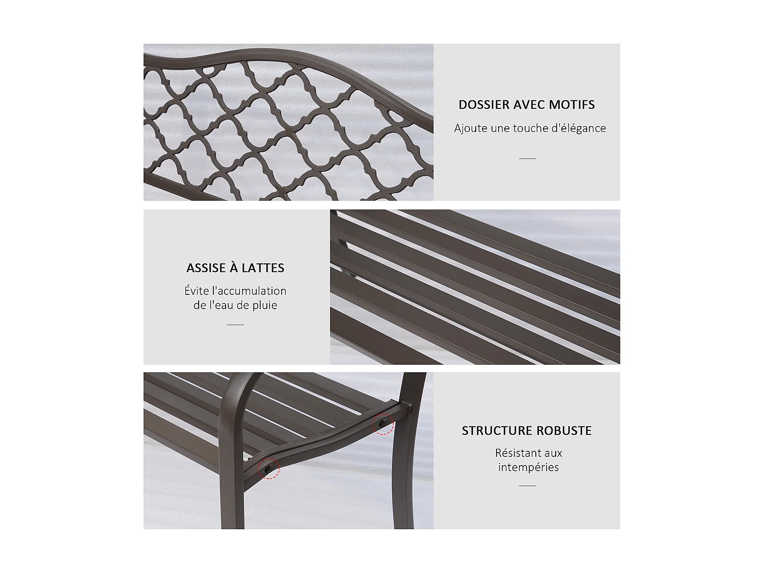 Banc 3 places de jardin terrasse style rural chic 128L x 60l x 89H cm métal époxy anticorrosion fonte brun