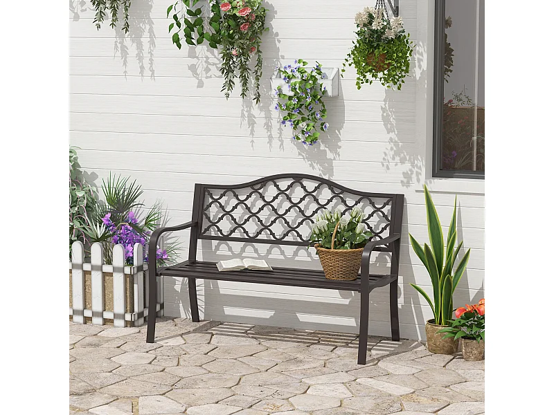 Banc 3 places de jardin terrasse style rural chic 128L x 60l x 89H cm métal époxy anticorrosion fonte brun