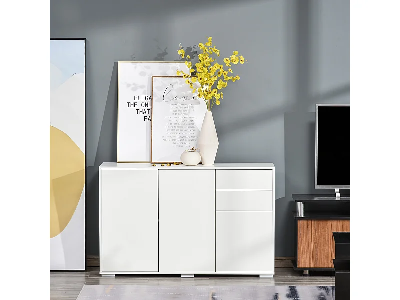 Commode buffet de rangement 2 tiroirs coulissants 3 portes étagère réglable panneaux de particules 117 x 36 x 74 cm blanc