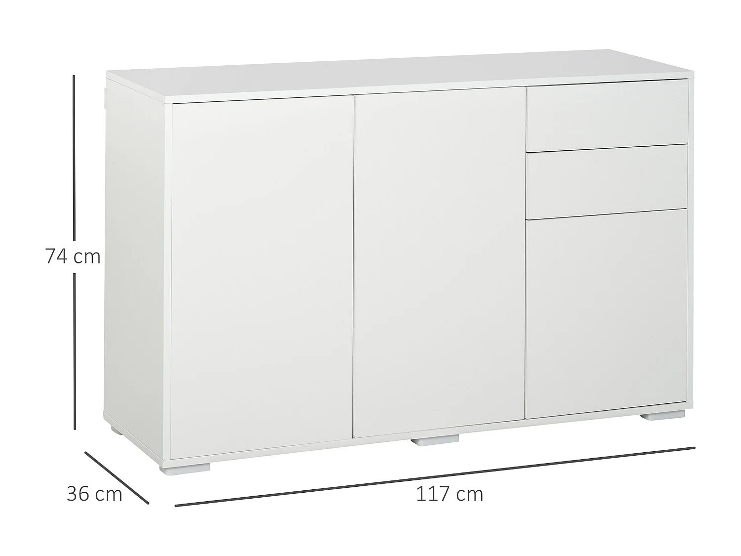 Commode buffet de rangement 2 tiroirs coulissants 3 portes étagère réglable panneaux de particules 117 x 36 x 74 cm blanc