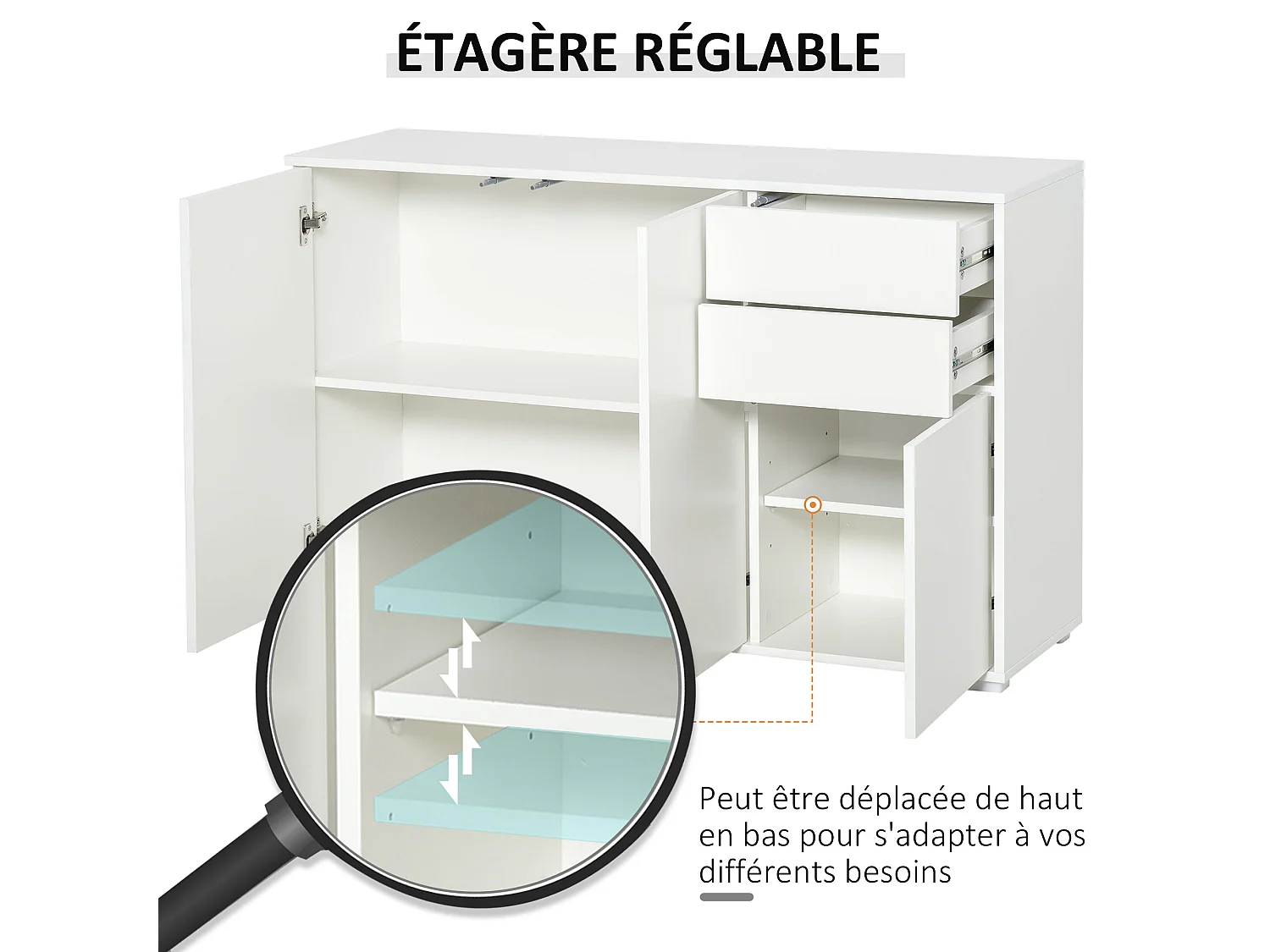 Commode buffet de rangement 2 tiroirs coulissants 3 portes étagère réglable panneaux de particules 117 x 36 x 74 cm blanc