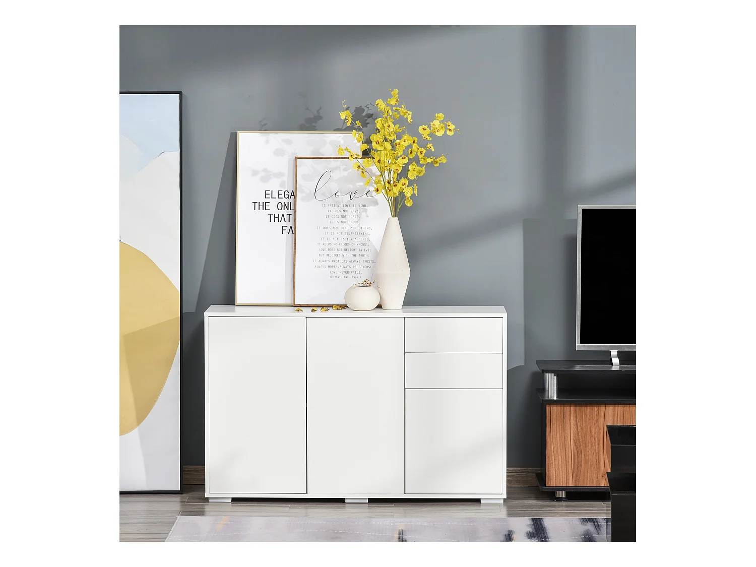 Commode buffet de rangement 2 tiroirs coulissants 3 portes étagère réglable panneaux de particules 117 x 36 x 74 cm blanc