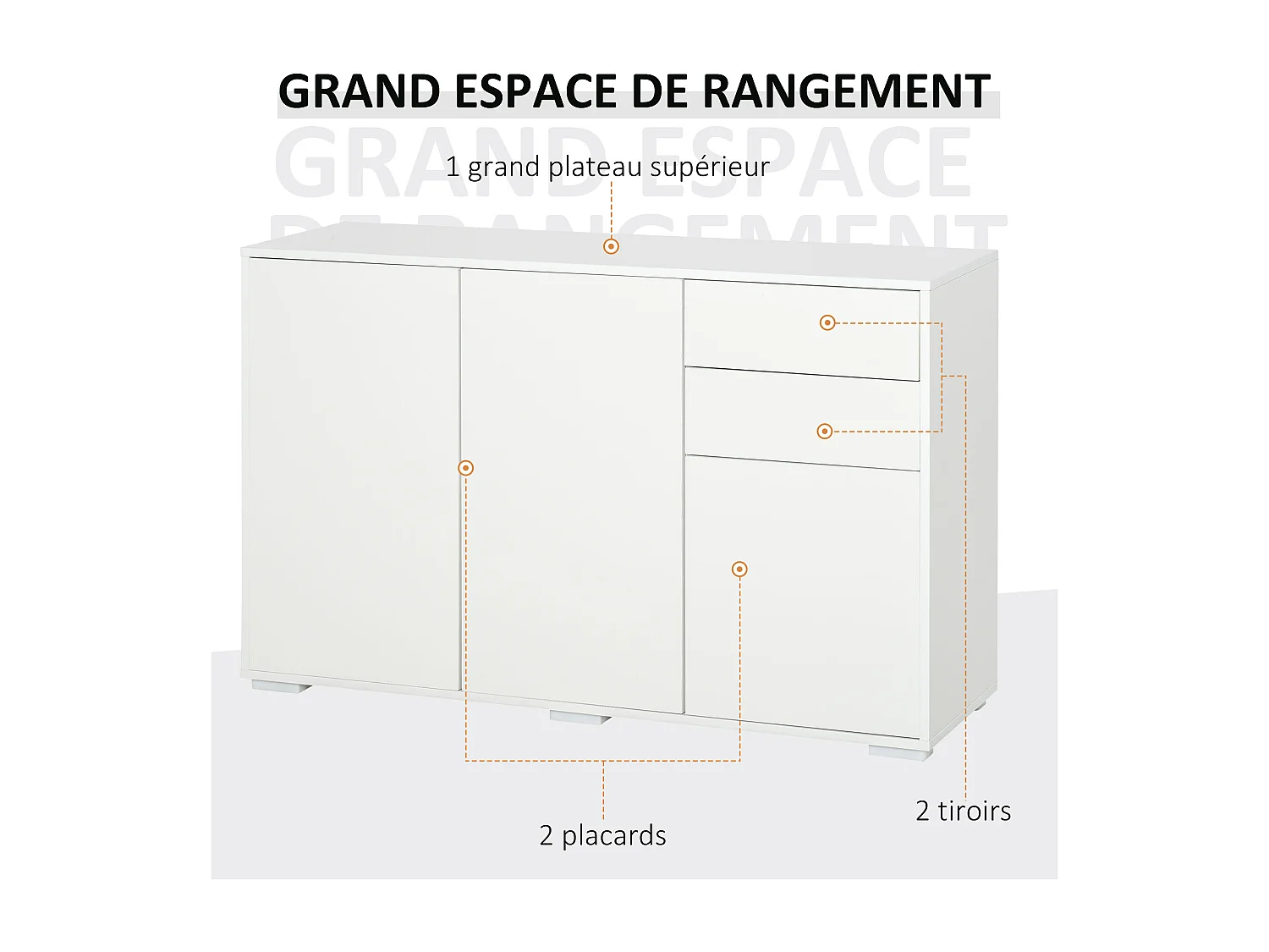 Commode buffet de rangement 2 tiroirs coulissants 3 portes étagère réglable panneaux de particules 117 x 36 x 74 cm blanc
