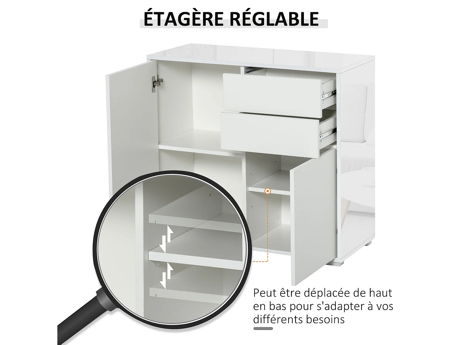 Commode buffet meuble de rangement 2 tiroirs 2 portes avec étagère 79 x 36 x 74 cm blanc