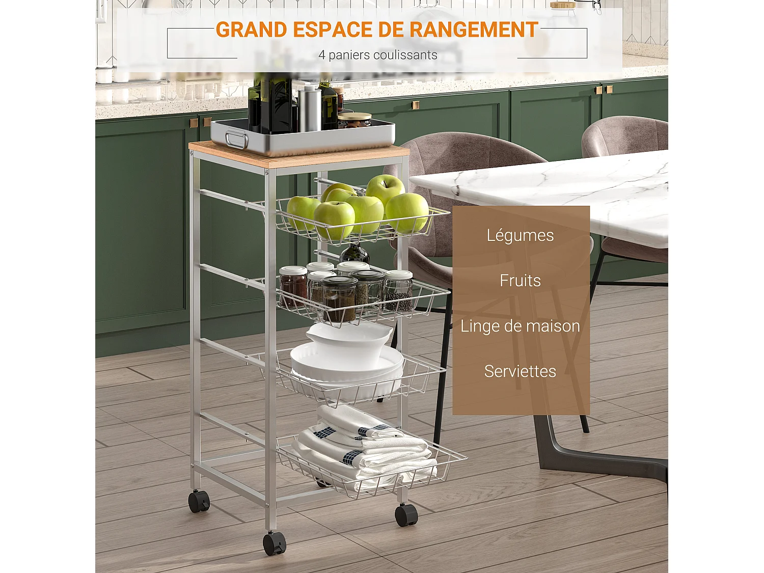 HOMCOM Chariot de service desserte à roulettes multi-rangements 4 tiroirs acier MDF chêne clair