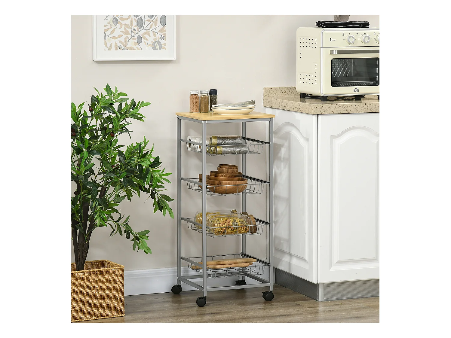 HOMCOM Chariot de service desserte à roulettes multi-rangements 4 tiroirs acier MDF chêne clair