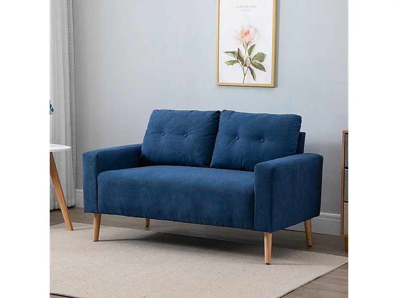 Canapé 2 places design scandinave dim. 145L x 76l x 88H cm pieds bois massif tissu bleu